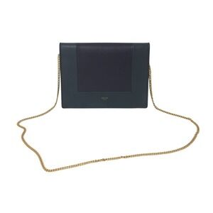 CELINE Frame Evening Chain Shoulder Bag Navy Blue Green Leather